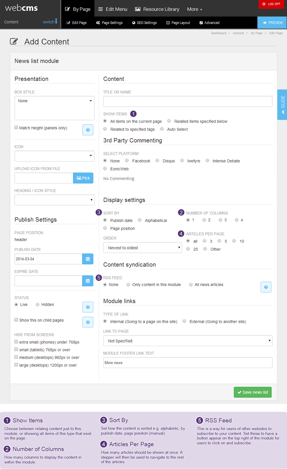 New List Module Key with Description